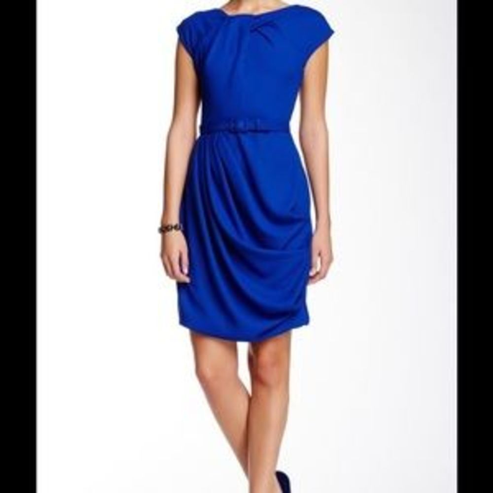 Eva Franco Draped Cap Sleeve Belted Dress Cobalt Blue